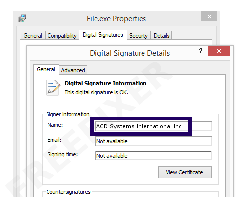 Screenshot of the ACD Systems International Inc. certificate